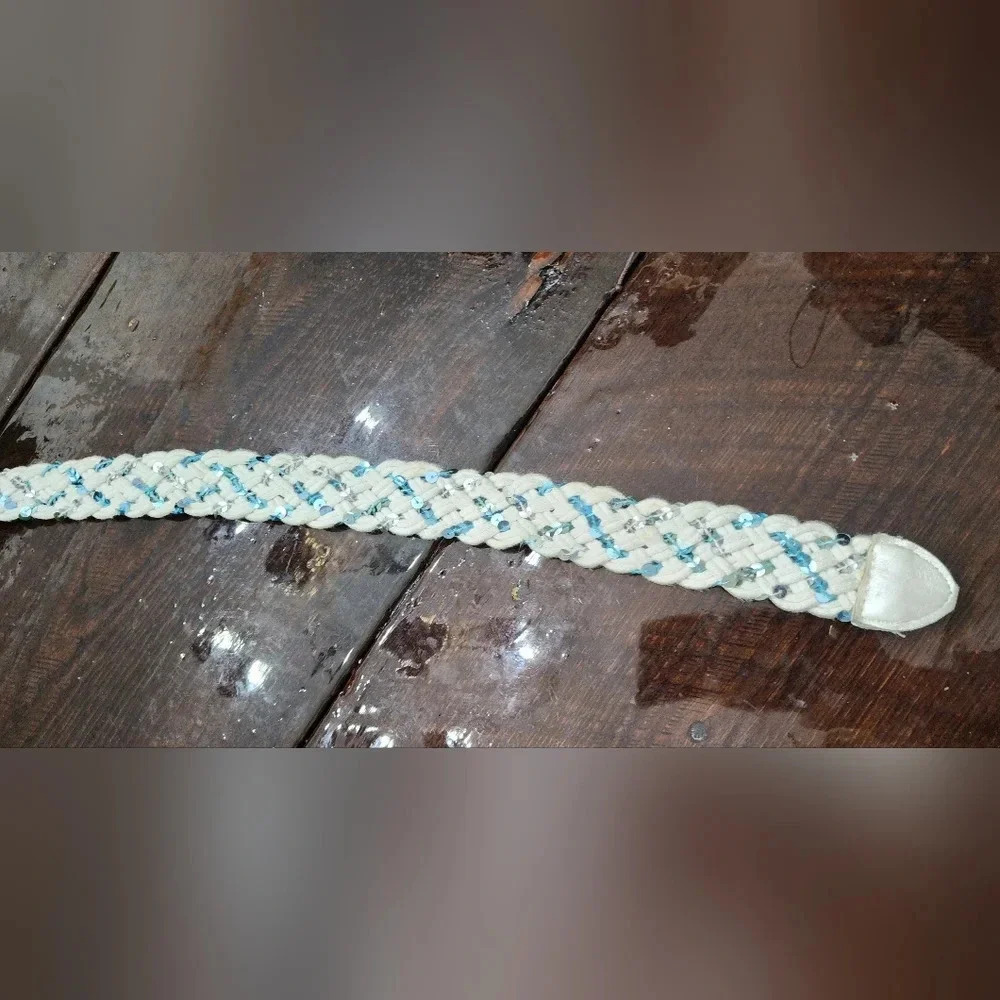 👸👖🩳 White Braided D-ring Belt with blue & silver sequins